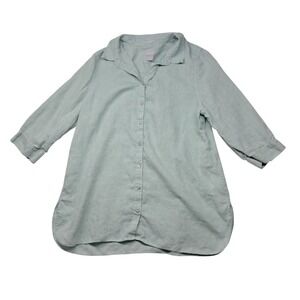 Chico's 100% Linen Button Down Tunic Shirt Women 3 XL Green No-Iron 3/4 Sleeve